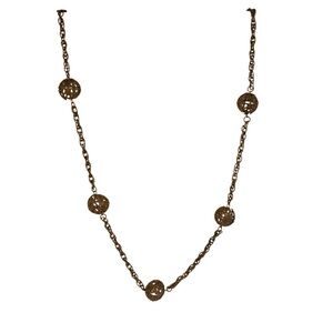 Vintage Filigree Faux Pearl Station Necklace Mid Century Brass Tone Jewelry